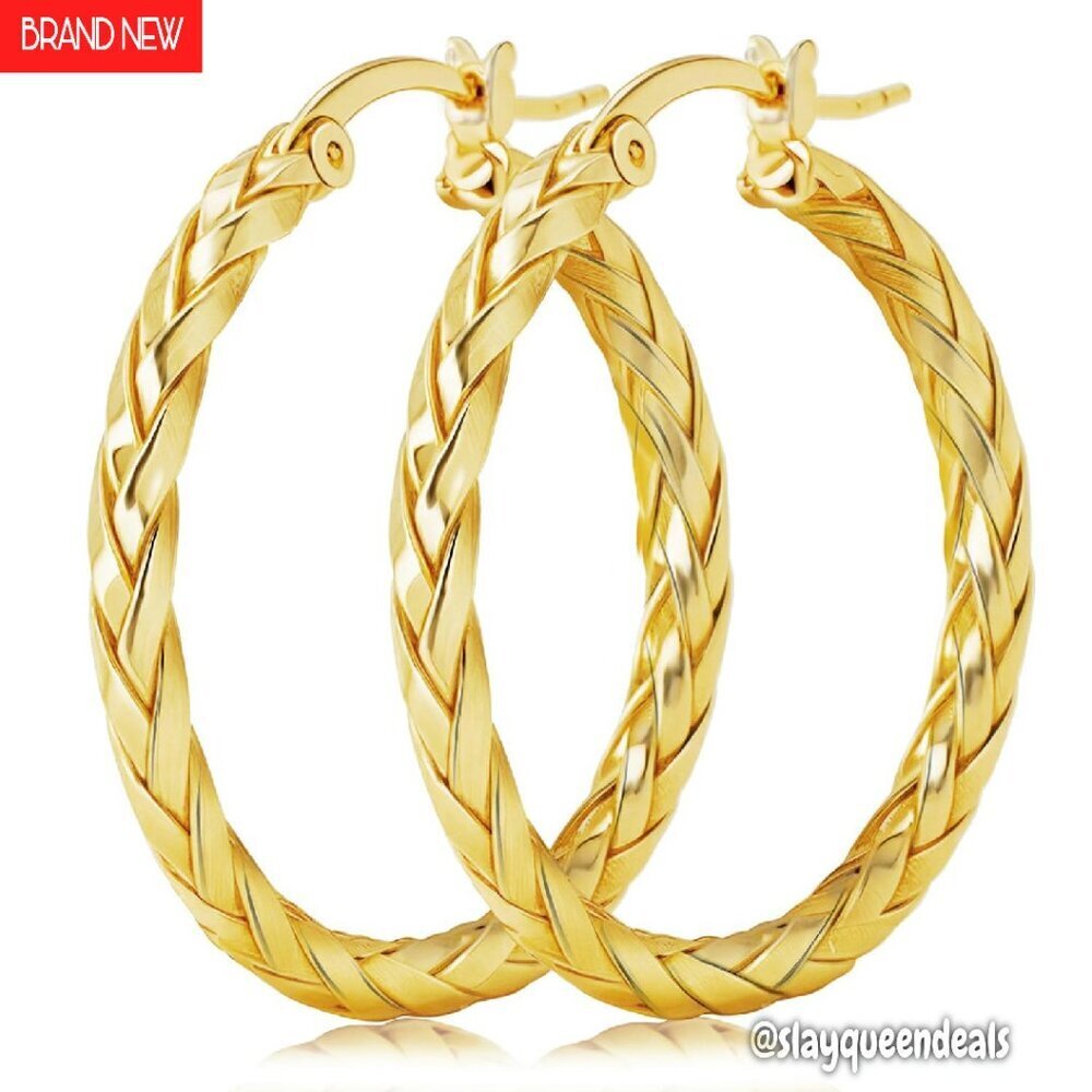 14K Gold Hoop Earrings 30MM Weave Design Snap Closure Hypoallergenic